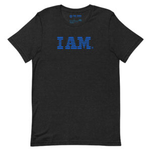 Black T-shirt with "I AM" logo.