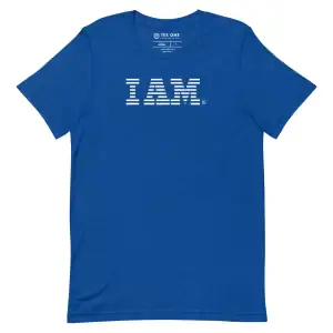 Blue T-shirt with "I AM" text by Tes One