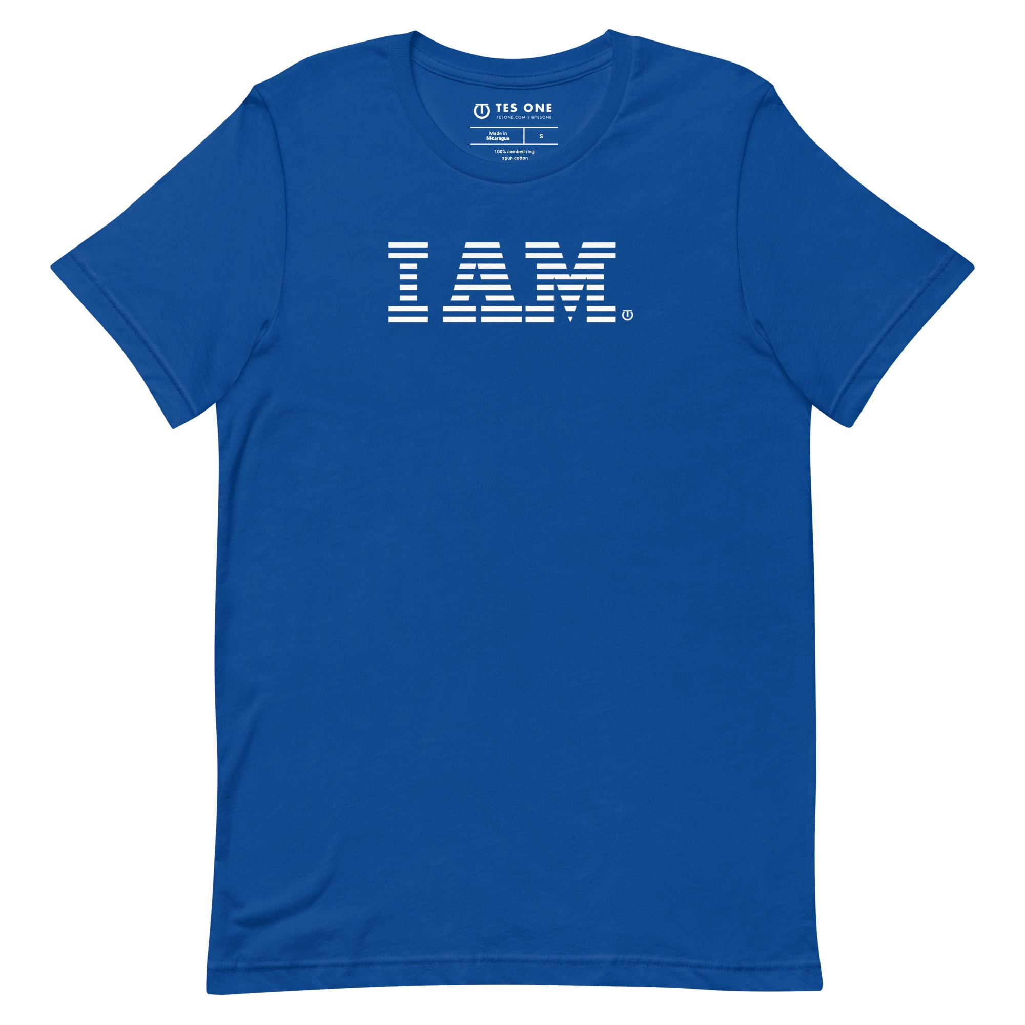 Blue T-shirt with "I AM" text by Tes One